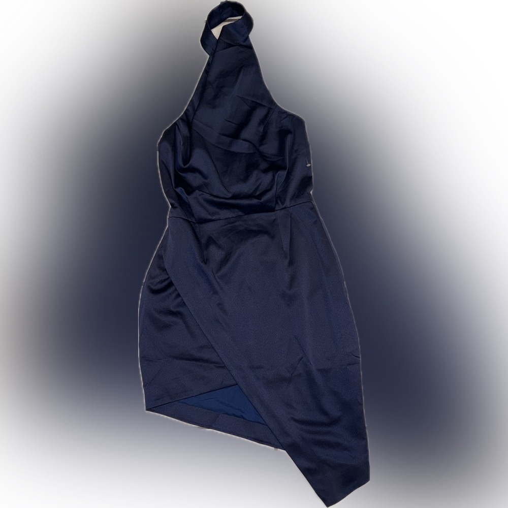 NWOT ELLIATT Camo Asymmetric Satin Cocktail halter mini Dress Blue navy sz M - Picture 2 of 4